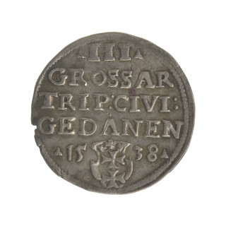 Gdansk trojak, Sigismund I the Old (king of Poland; 1467–1548). Obverse: crowned male bust in
