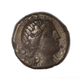 bronze coin, Pantikapaion, bow in a quiver (iconographic), head of Dionysus (iconographic), quivers