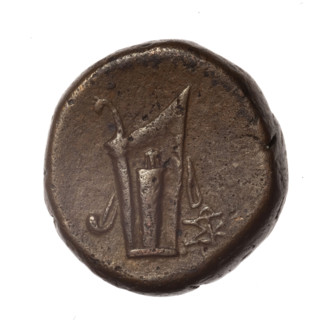bronze coin, Pantikapaion; obverse: head of young Dionysus in an ivy wreath facing right; reverse: