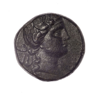 Bronze coin, Pantikapaion. Obverse: head of young Dionysus in an ivy wreath facing right. Reverse: