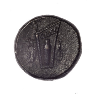 bronze coin, Pantikapaion; obverse: head of young Dionysus in an ivy wreath facing right; reverse: