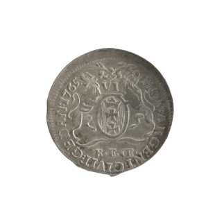 Six-coin of Gdansk depicting Stanislaw August Poniatowski (King of Poland; 1764–1795). Maker