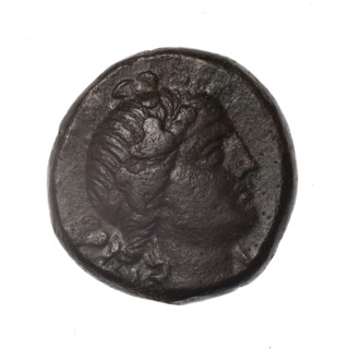 bronze coin, Pantikapaion; obv.: head of young Dionysus in an ivy wreath facing right; rv.: bow and