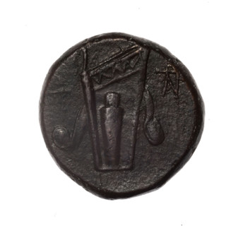 bronze coin, Pantikapaion; obv.: head of young Dionysus in an ivy wreath facing right; rv.: bow and