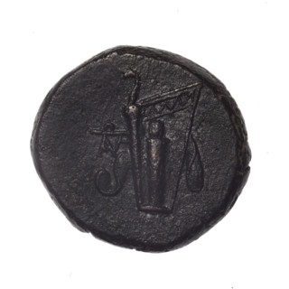 bronze coin, Pantikapaion; obverse: head of young Dionysus in an ivy wreath facing right; reverse: