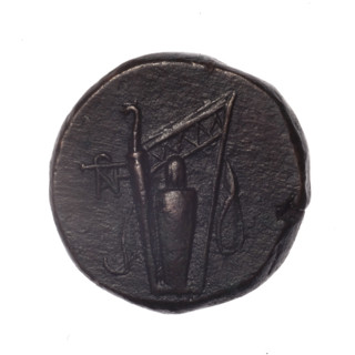 bronze coin, Pantikapaion, obv.: head of young Dionysus in an ivy wreath facing right; rv.: bow and