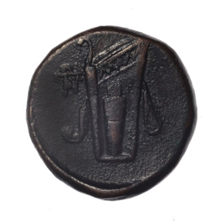 Bronze coin, Pantikapaion; obv.: head of young Dionysus in an ivy wreath facing right; reverse: bow