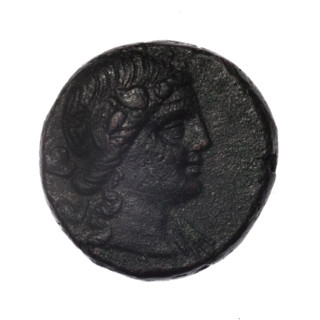 Bronze coin, Pantikapaion; obverse: head of young Dionysus in an ivy wreath facing right; reverse: