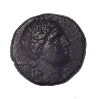 bronze coin, Pantikapaion; obverse: head of young Dionysus in an ivy wreath facing right; reverse: