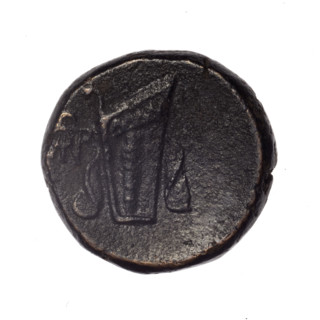 bronze coin, Pantikapaion; obverse: head of young Dionysus in an ivy wreath facing right; reverse: