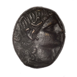 Bronze coin, Pantikapaion; obverse: head of young Dionysus in an ivy wreath facing right; reverse: