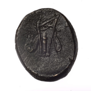 bronze coin, Pantikapaion; obverse: head of young Dionysus in an ivy wreath facing right; reverse: