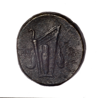 bronze coin, Pantikapaion; obverse: head of young Dionysus in an ivy wreath facing right; reverse: