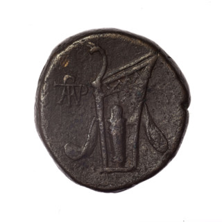 bronze coin, Pantikapaion; obv.: head of young Dionysus in ivy wreath facing right; reverse: bow