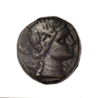 bronze coin, Pantikapaion; obv.: head of young Dionysus in an ivy wreath facing right; rv.: bow and