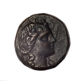 bronze coin, Pantikapaion; obverse: head of young Dionysus in an ivy wreath facing right; reverse: