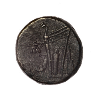bronze coin, Pantikapaion; head of Dionysus (iconographic); bow in quiver (iconographic);