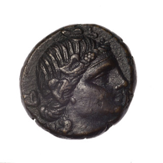 bronze coin, Pantikapaion; obverse: head of young Dionysus in an ivy wreath facing right; reverse: