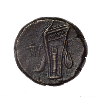 bronze coin, Pantikapaion; obverse: head of young Dionysus in an ivy wreath facing right; reverse: