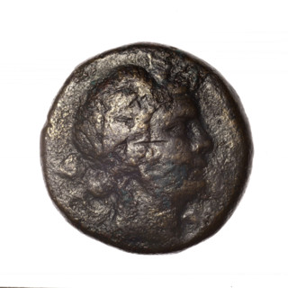 Bronze coin, Pantikapaion; obverse: head of young Dionysus in an ivy wreath facing right; reverse:
