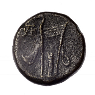 bronze coin, Pantikapaion; obverse: head of young Dionysus in an ivy wreath facing right; reverse: