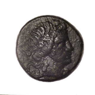 bronze coin, Pantikapaion; obverse: head of young Dionysus in an ivy wreath facing right; reverse: