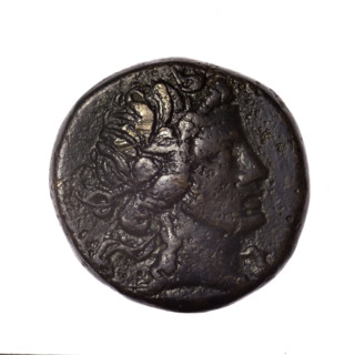 bronze coin, Pantikapaion; obverse: head of young Dionysus in an ivy wreath facing right; reverse: