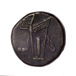 bronze coin, Pantikapaion; obv.: head of young Dionysus in an ivy wreath facing right; reverse: bow