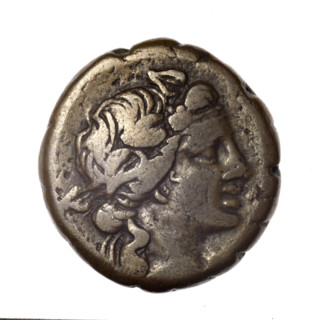bronze coin, Pantikapaion; obverse: head of young Dionysus in an ivy wreath facing right; reverse: