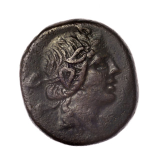 bronze coin, Pantikapaion; obverse: head of young Dionysus in an ivy wreath facing right; reverse: