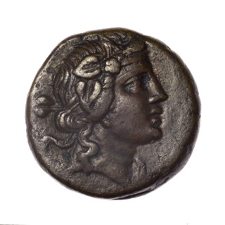 bronze coin, Pantikapaion; obverse: head of young Dionysus in an ivy wreath facing right; reverse:
