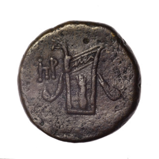 bronze coin, Pantikapaion; obverse: head of young Dionysus in an ivy wreath facing right; reverse: