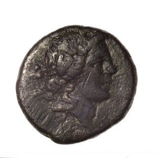 bronze coin from Pantikapaion; obverse: head of young Dionysus in an ivy wreath facing right;