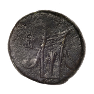 bronze coin, Pantikapaion; obverse: head of young Dionysus in an ivy wreath facing right; reverse: