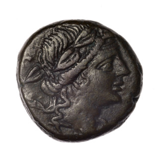 Bronze coin, Pantikapaion; obverse: head of young Dionysus in an ivy wreath facing right; reverse: