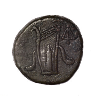 bronze coin, Pantikapaion; obverse: head of young Dionysus in an ivy wreath facing right; reverse: