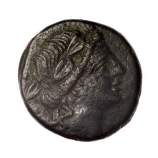 Bronze coin, Pantikapaion; obverse: head of young Dionysus in an ivy wreath facing right; reverse: