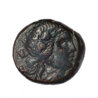 bronze coin, Pantikapaion; obverse: head of young Dionysus in an ivy wreath facing right; reverse: