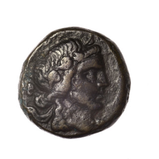 Bronze coin, Pantikapaion; obv.: head of young Dionysus in an ivy wreath facing right; rv.: bow and