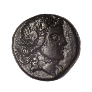 bronze coin, Pantikapaion; obv.: head of young Dionysus in an ivy wreath facing right; rv.: bow and