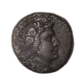Bronze coin, Pantikapaion; obverse: head of young Dionysus in an ivy wreath facing right; reverse: