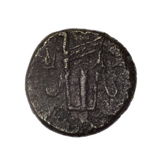 Bronze coin, Pantikapaion; obverse: head of young Dionysus in an ivy wreath facing right; reverse: