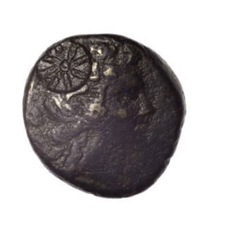 bronze coin, Pantikapaion; obv.: head of young Dionysus in ivy wreath facing right, countermark