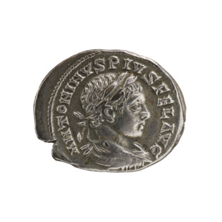 Denarius depicting legionary standards between vexillae; obverse: bust of Emperor Elagabalus in