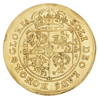 Crown Double Ducat, Jan III Sobieski (King of Poland; 1674–1696), struck in Bydgoszcz. Obverse: