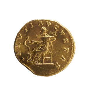 Aureus depicting Faustina the Younger (ca. 130–176; Roman empress 161–176) and Marcus Aurelius