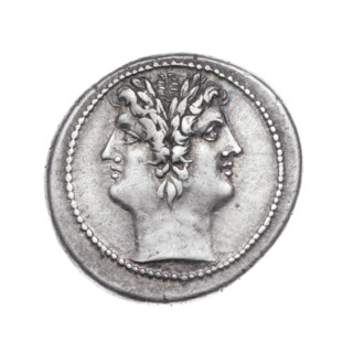 Didrachma (quadrigate). Obverse: Heads of the Dioscuri of the Janus type in laurel wreaths; beaded