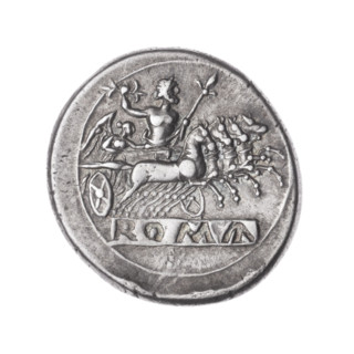 Didrachma (quadrigate). Obverse: Heads of the Dioscuri of the Janus type in laurel wreaths. Beaded