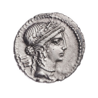 Denarius, Julius Caesar (100–44 BC; Roman dictator 49–44 BC). Obverse: Woman's head in an oak