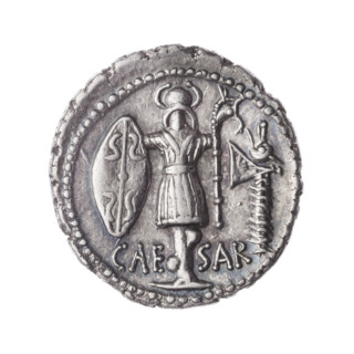 Denarius, Julius Caesar (100–44 BC; Roman dictator 49–44 BC). Obverse: woman's head in an oak